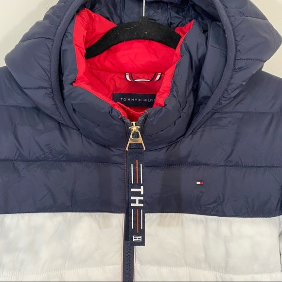 Tommy Hilfiger Color Block Navy Blue Red White Puffer Puffy Hoodie Short Coat - Picture 2 of 5